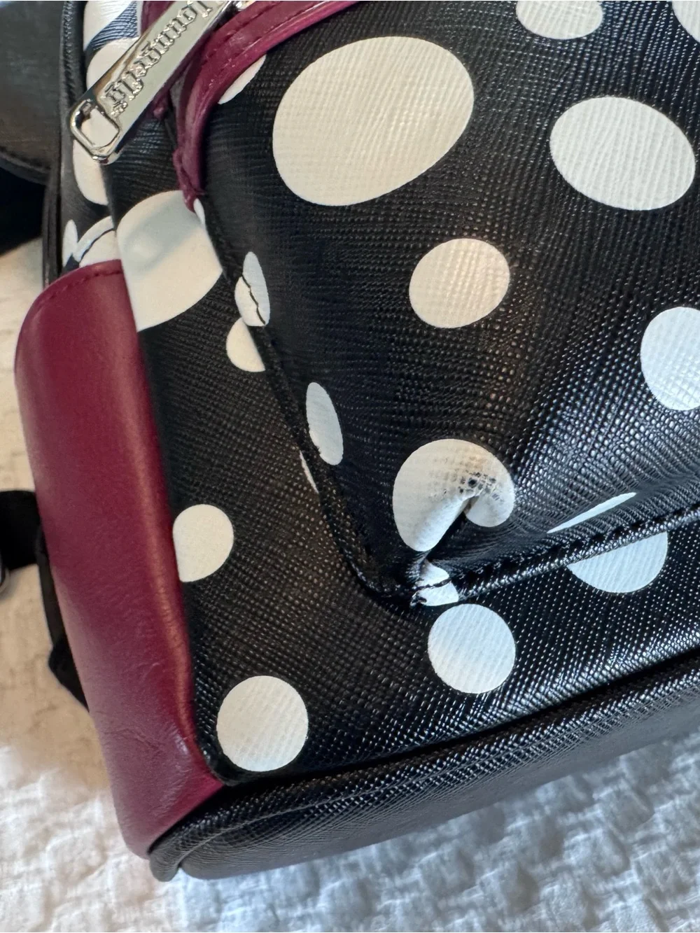 Loungefly Disney Black White Polka Dot Mini Backpack with Burgundy Bow